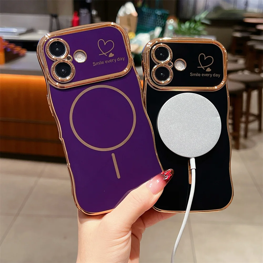 حافظة Magsafe مطلية بالكهرباء على شكل قلب لهاتف iPhone 16 Pro Max 16E 15 14 13 12 11 غطاء شحن لاسلكي مغناطيسي
