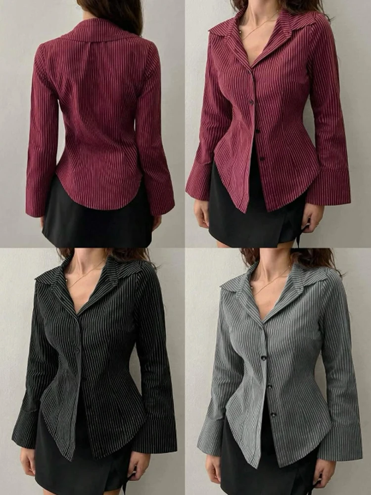 Vêtements populaires coréens pour femmes, col Blazer rayé, coupe cintrée, ourlet irrégulier, chemise pour les déplacements, Streetwear, haut à manches longues, automne