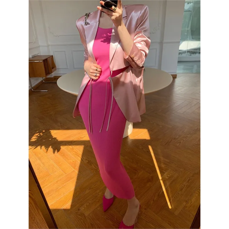 2025 Summer French Minimalist Design Knitted Strap One Piece Collar Sleeveless vestido High End Bright Color Tank Top Long Dress