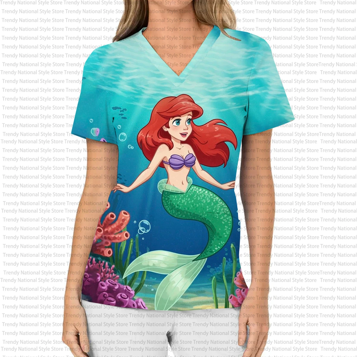 2026 Top smerigliato con scollo a V stampato uniforme da infermiera delle nuove donne, maglietta Disney Princess Sirena Alice per ospedali e negozi di animali domestici