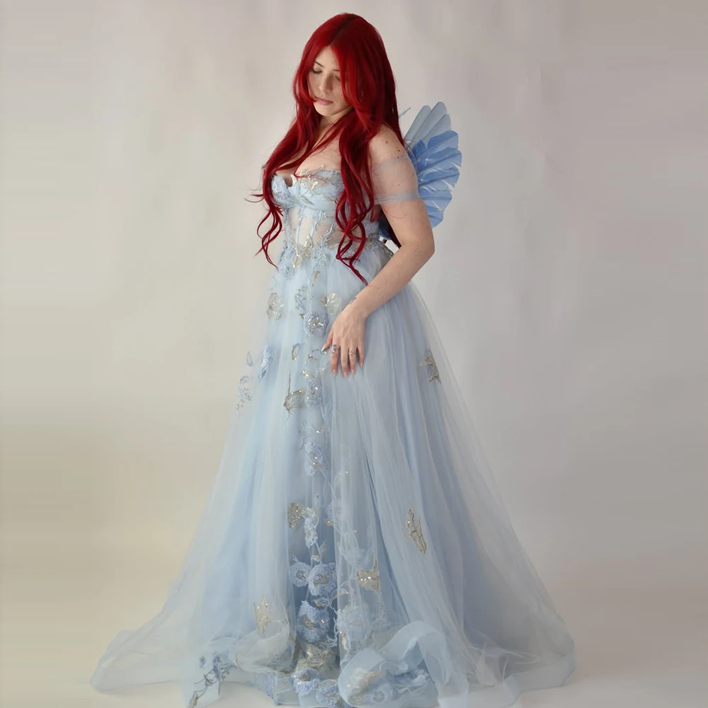 ชุดราตรีหรูหราแบบไร้สายลายดอกไม้สีเขียว-น้ำเงิน ยาวแบบแม็กซี่ สำหรับงานแต่งงาน งานเลี้ยง พรมแดง ฤดูร้อน รุ่นใหม่ปี 2026