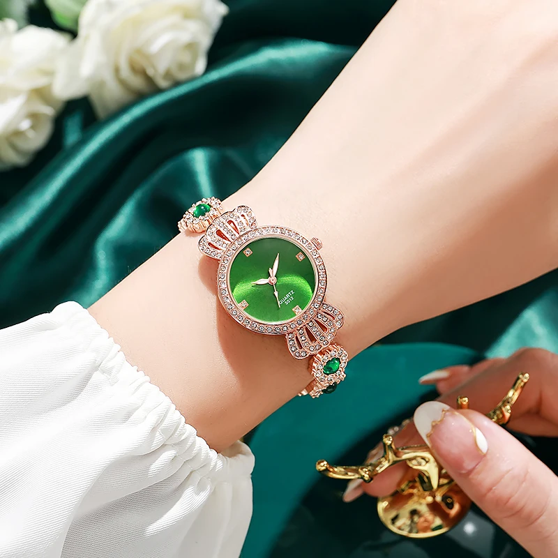 Montre à quartz avec bracelet vert pour femmes, montre de tempérament pour filles, montre avec pierre de kirchen, commerce extérieur, fabricants, nouveau, vente en gros