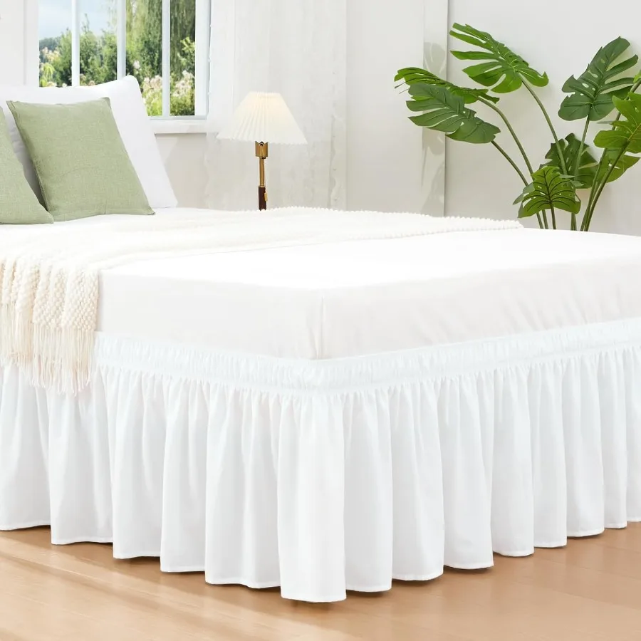 

White Queen Size Bed Skirt with 14 Inch Drop for Modern Bedroom Decor Elastic Wrap Around Design with Adjustable Tailored Fit D