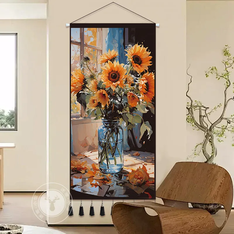 Scandinavian Sunflower Rose Tapestry Wall Hanging - Nordic Floral Wall Art, Aesthetic Room Decor for Living Room and Bedroom