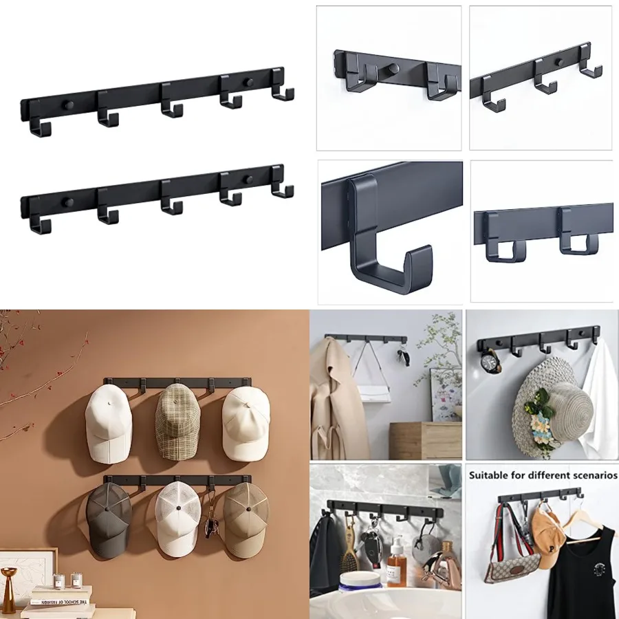 

Настенная вешалка для шляп из 2 шт. с 5 крючками из черного алюминиевого сплава для прихожей, спальни или ванной комнаты, прочная и стильная Sto
