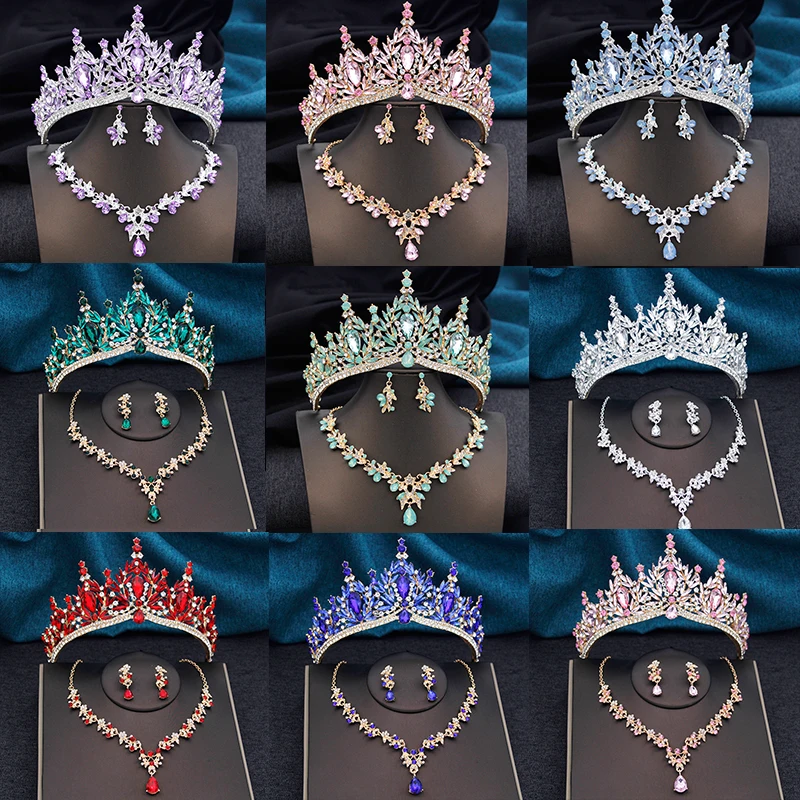 Tiaras y coronas nupciales con collar y pendientes, conjunto para mujer, conjuntos de joyería para novia, corona de boda para niña, regalos de fiesta de cumpleaños