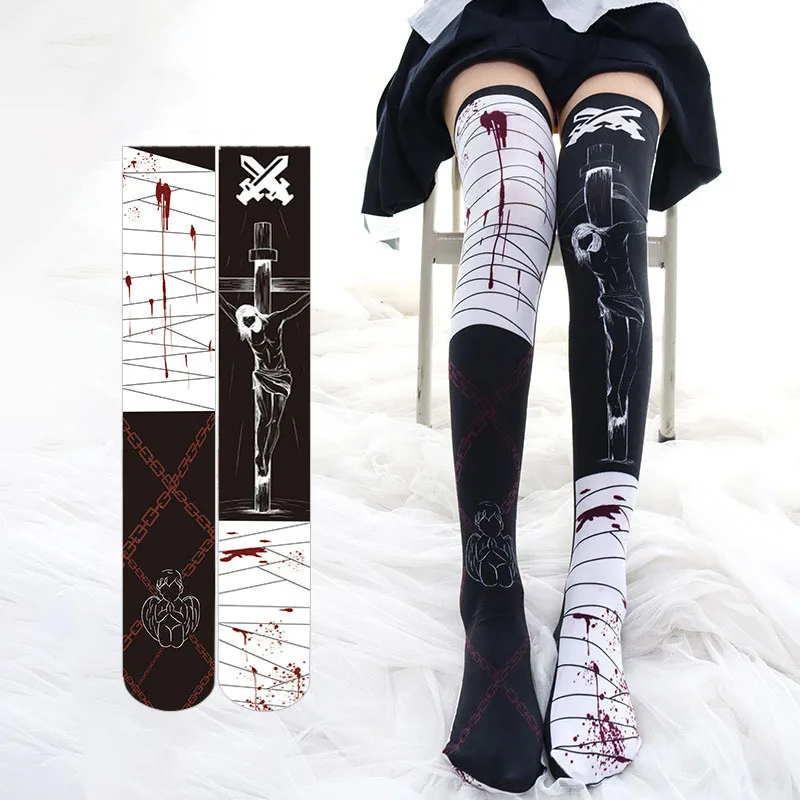 Gothic Cross Printed Lolita Socks For Women Girl Punk Velvet Over Knee Sock Cosplay Anime Thigh High Halloween Stockings