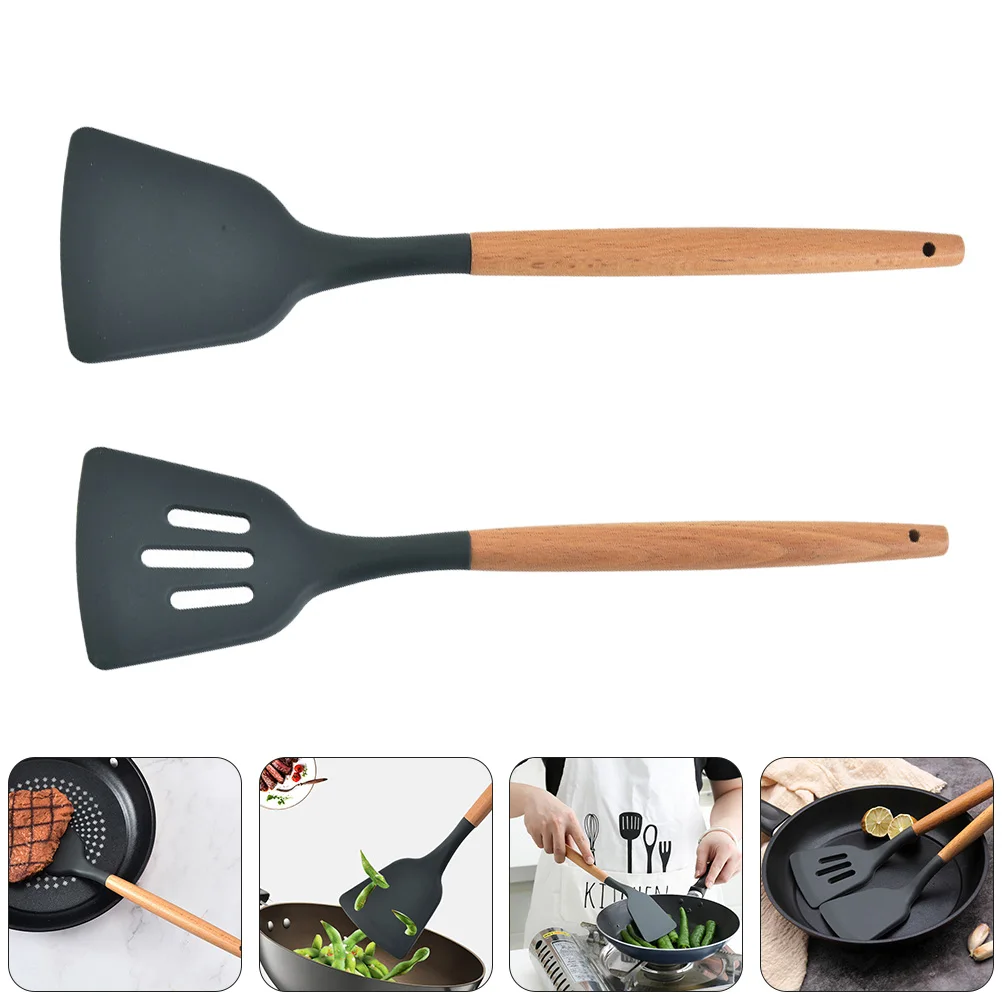 

2 pcs Silicone Non-Stick Spatulas Heat Resistant Kitchen Utensils Home Restaurant Use Multipurpose Cooking Tools Dark