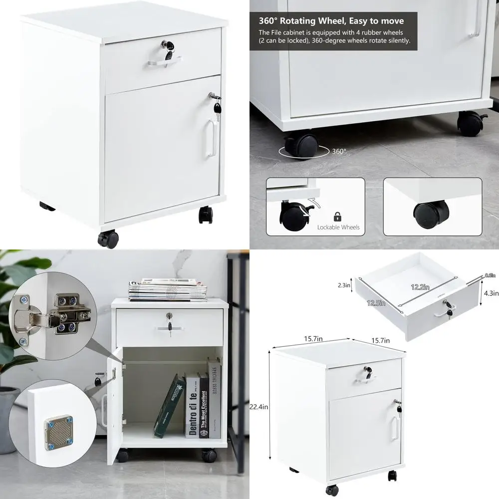 

White Home Office Lockable Rolling Cabinet with Drawers for Under Desk Storage
