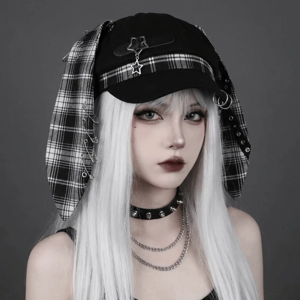 Fashion Rabbit Ears Plaid Beret Hat Thin Brim Irregular Octagonal Hat Subculture Cross Newsboy Peaked Hat Girls