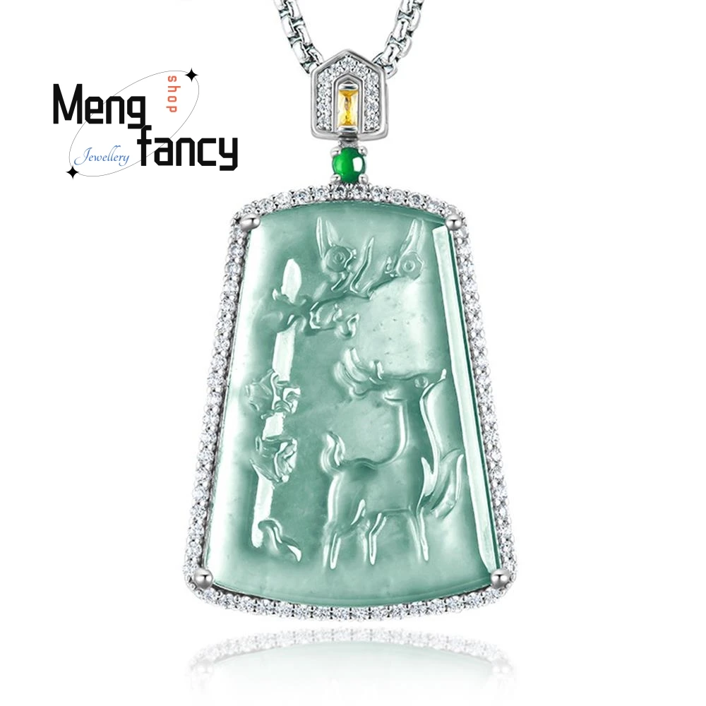 

High-grade Natural A-goods Jadeite Ice Blue Water A Deer Has You S925 Silver Inlaid Jade Pendant Exquisite Fashion Fine Jewelry