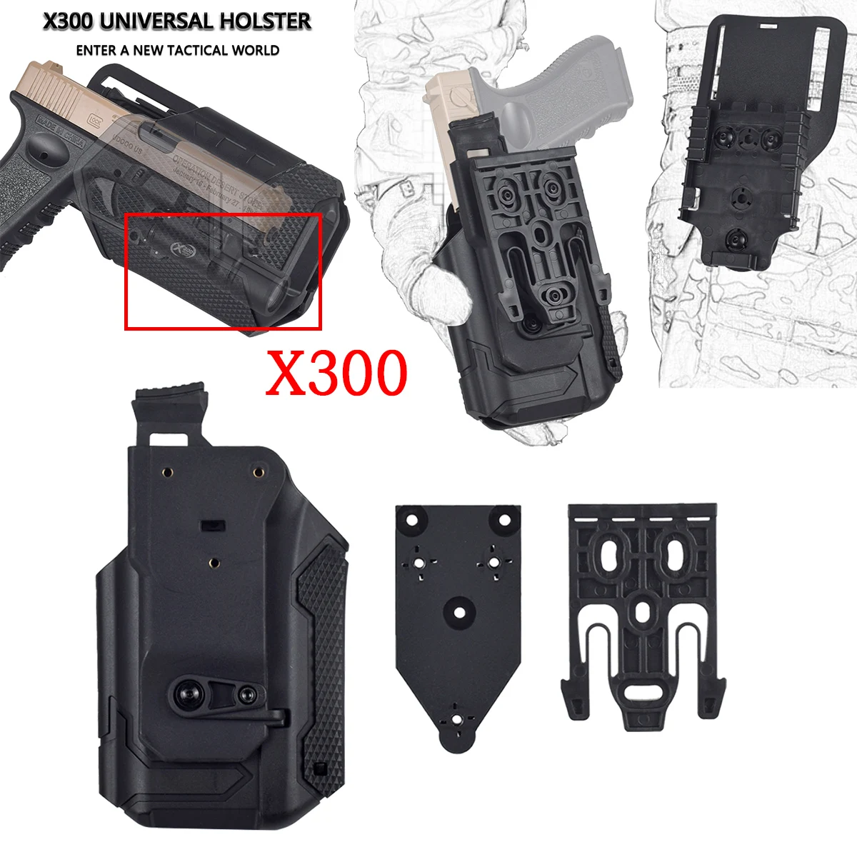 

Tactical Universal Pistol Holster Airsoft Glock17 19 SIG With Surefire X300 Flashlight Belt Drop Leg QLS Holsters