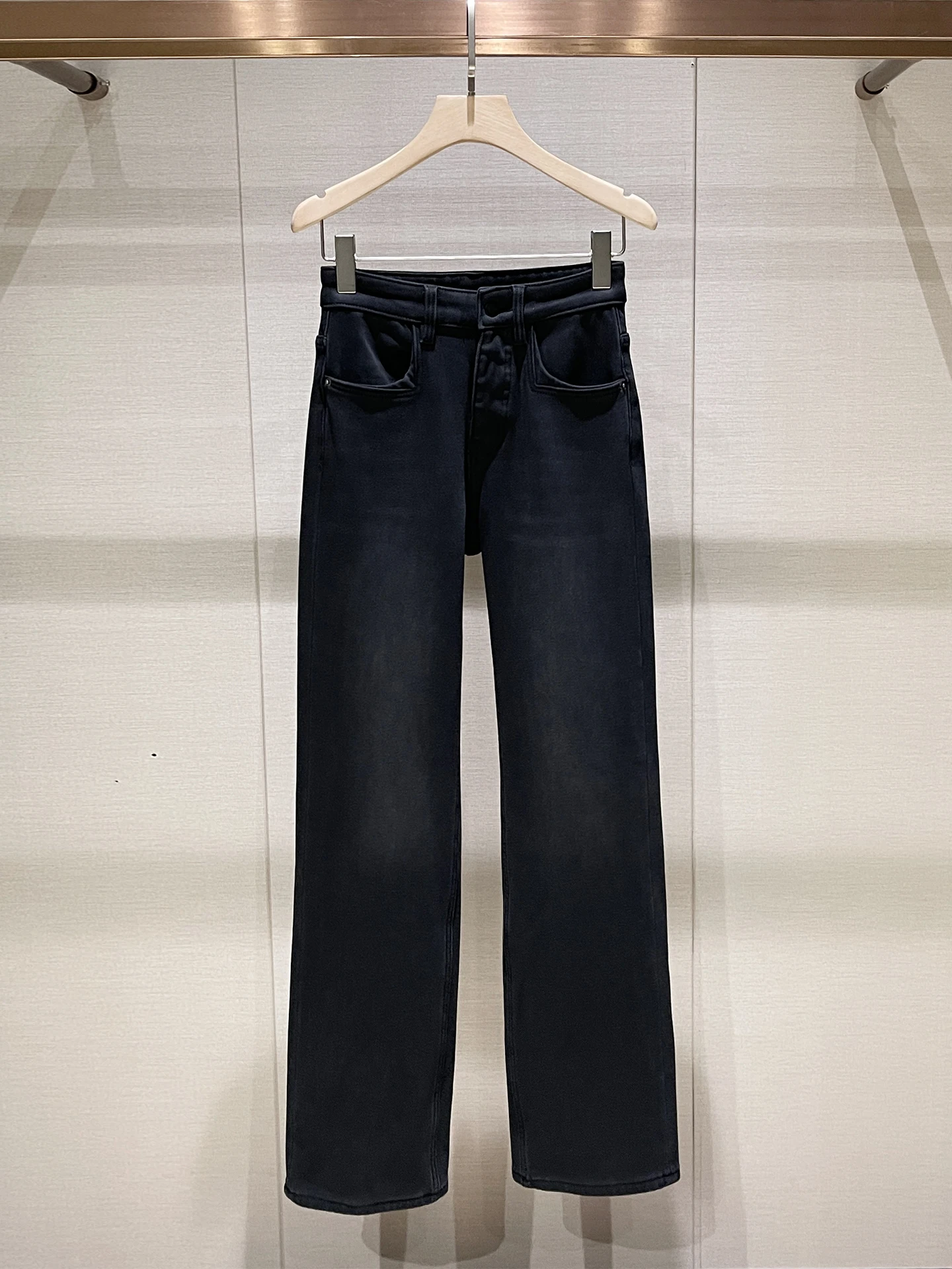 

Повседневные черные прямые джинсы с высокой талией на подкладке, утягивающие зимние новые джинсы в американском стиле ретро, чистый цвет, дизайн