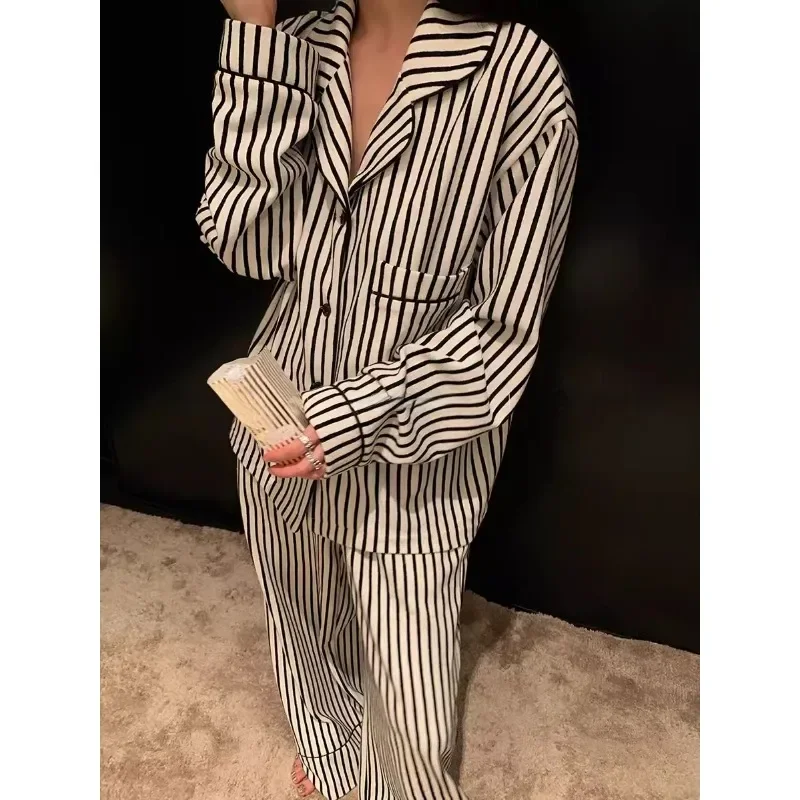 Stripe Pajamas Women Spring and Autumn 2024 New Pure Cotton Long sleeve Wide Leg Pants Summer Idle Homewear Set