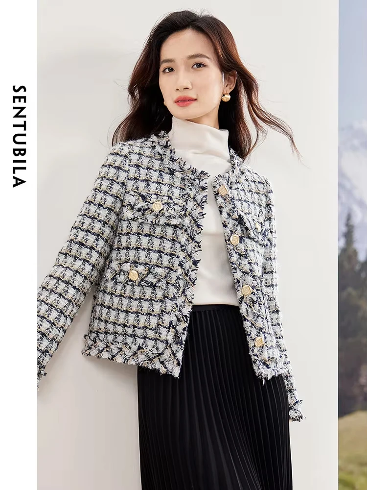 

SENTUBILA Women Wool Blend Cropped Tweed Jackets 2024 Winter Elegant Fashion Ladies Short Coats Outerwear Woman W44W58082X