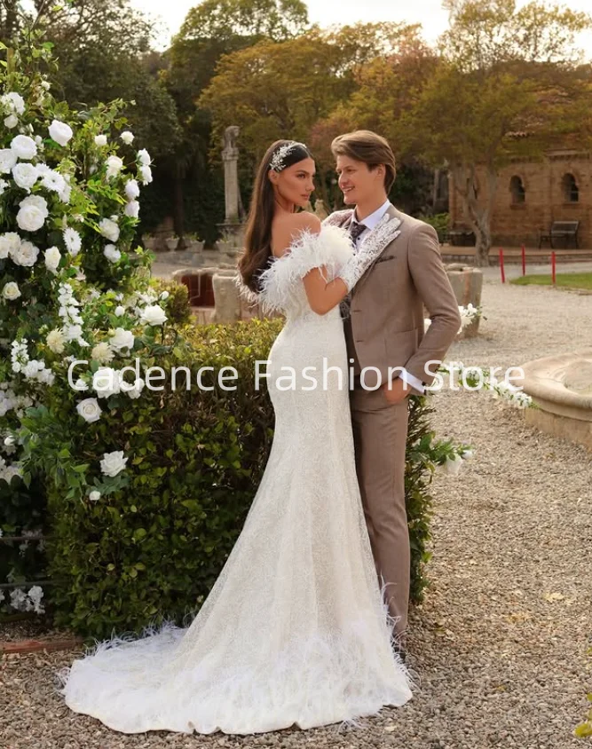 Элегантные свадебные платья без бретелек в богемном стиле с русалкой по индивидуальному заказу, свадебные платья с перьями, свадебные платья