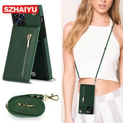 Cartera con cremallera para IPhone 16 15 14 13 12 Mini 11 XR XS Pro Max Plus funda con tarjetero correa de cordón funda de cuero cruzada