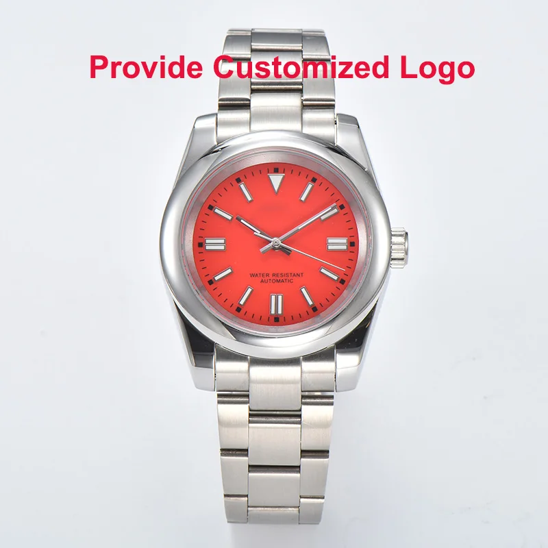 Coral Red Custom Logo Watch Women NH35 Automatic Movement Oyster Stainless Steel Perpetual 36mm Ladies Waterproof WristWatches