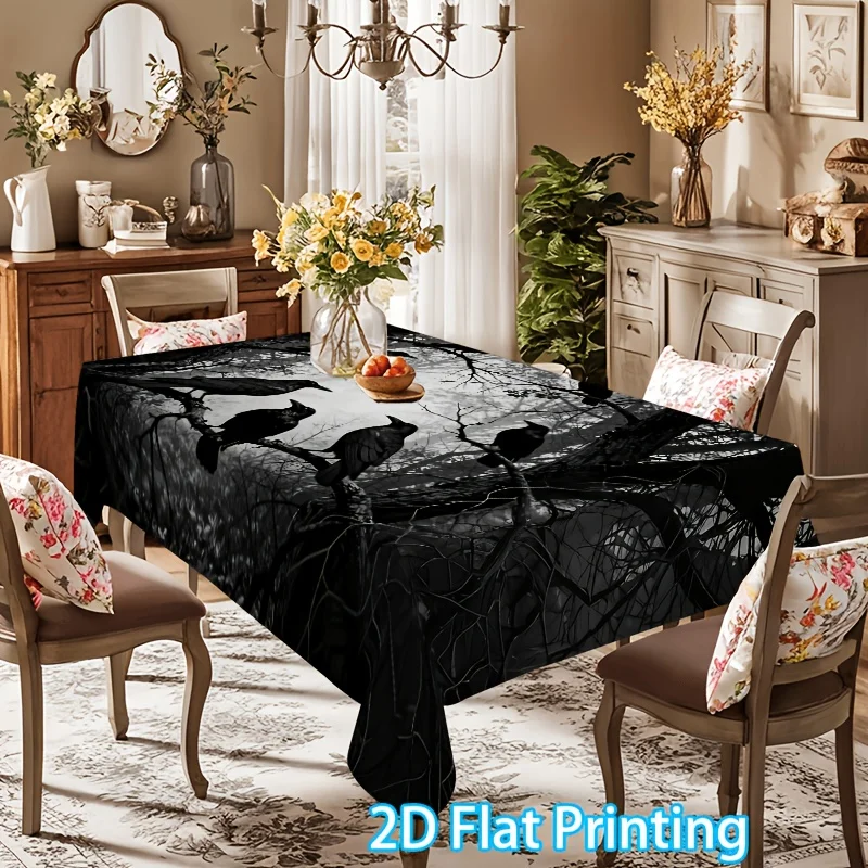One 2D flat-printed black crow tree branch pattern tablecloth, Gothic dark decorative tableclothzyc