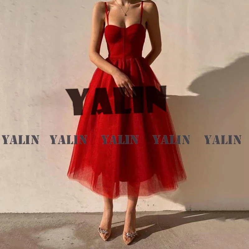 

YALIN Sexy Spaghetti Straps Prom Dresses Tea-Length Red Tulle Homecoming DressBackless Corset Princess Midi Party Gowns 2022