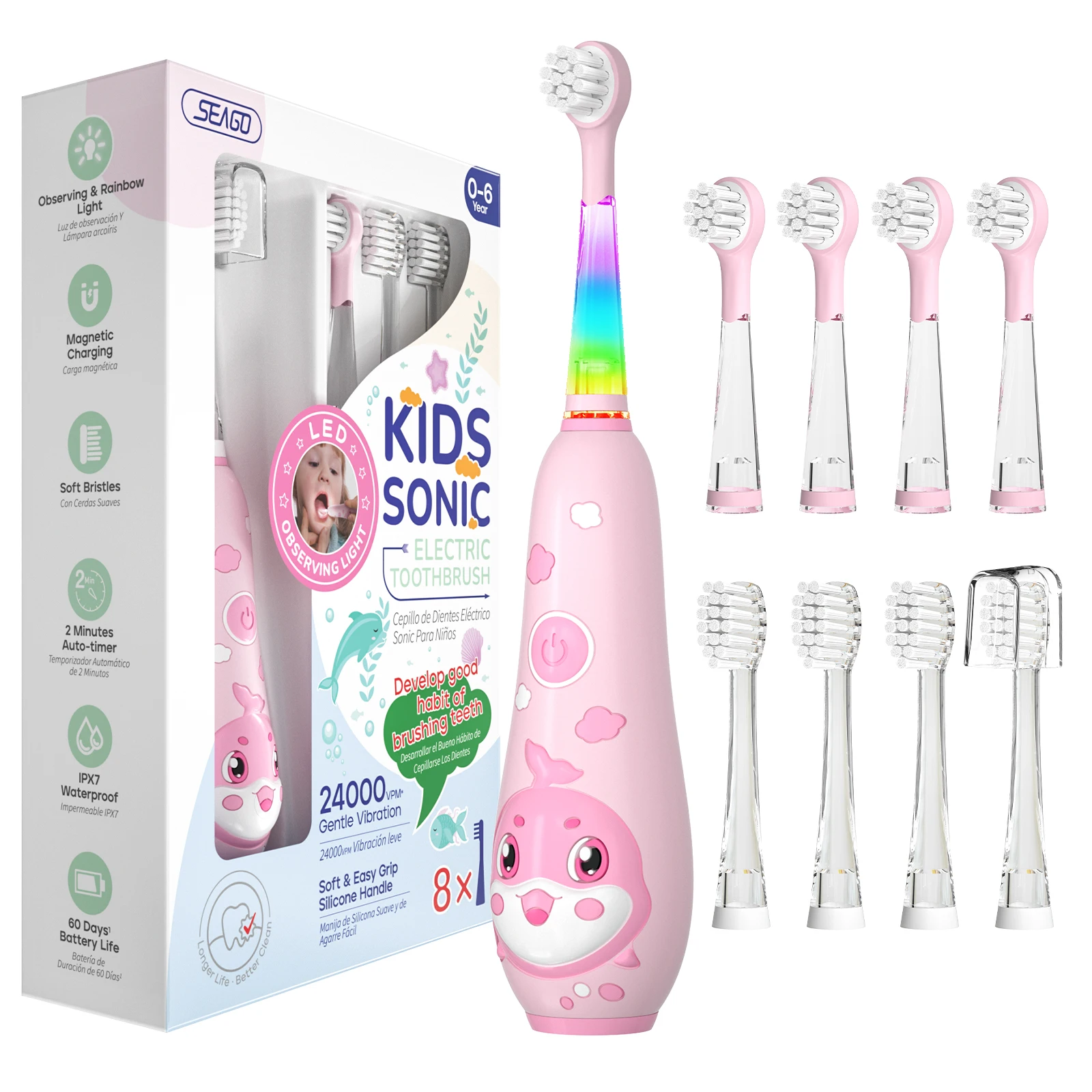 Seago Kids Electric Toothbrush Sonic Child Dolphin Colorful Observing LED 2 mins Smart Timer IPX7  Waterproof Teeth Cleaning