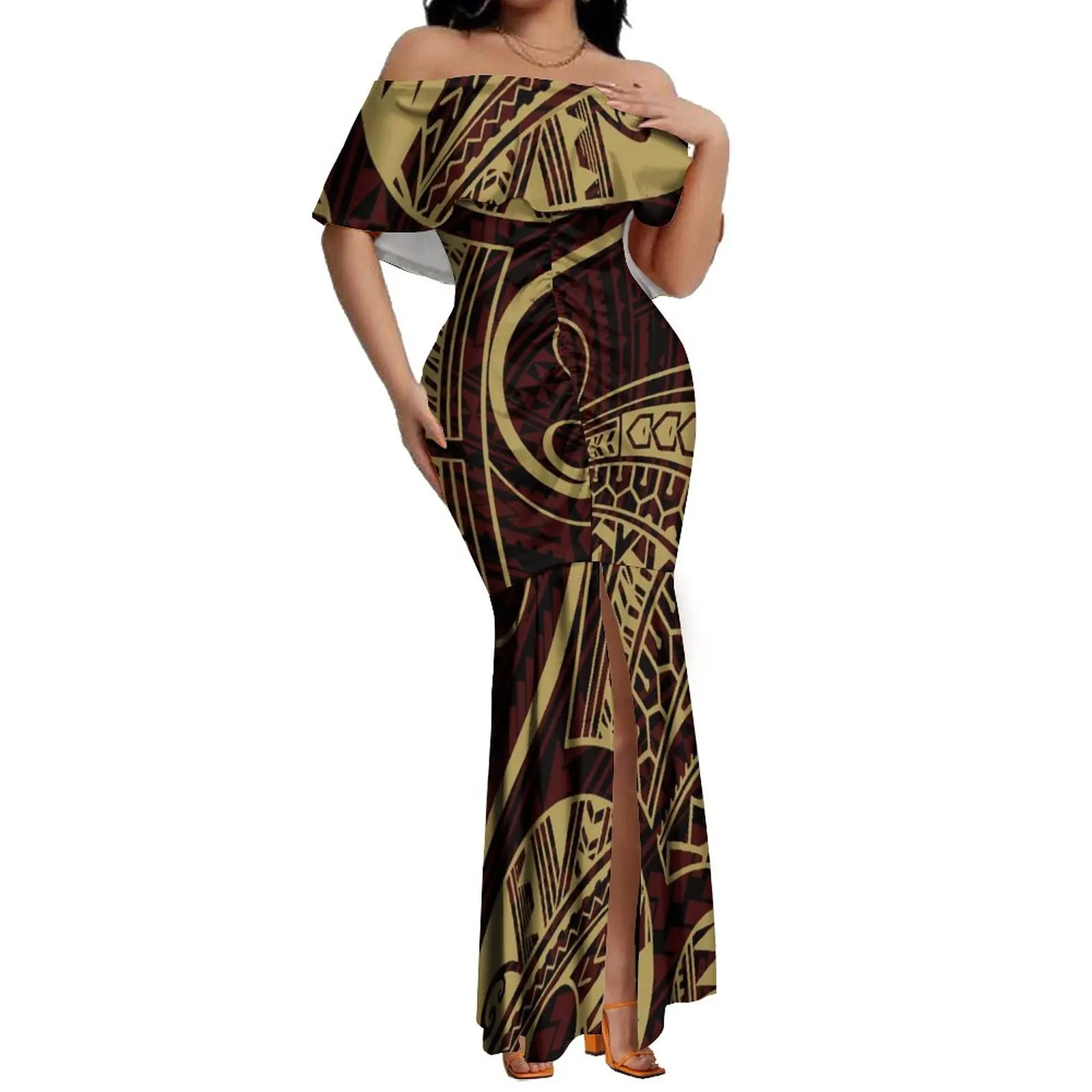 Polynesian Hd Print Long Fishtail Dress Pacific Island Art 8xl Elegant Off-The-Shoulder Mermaid Dress For The Evening
