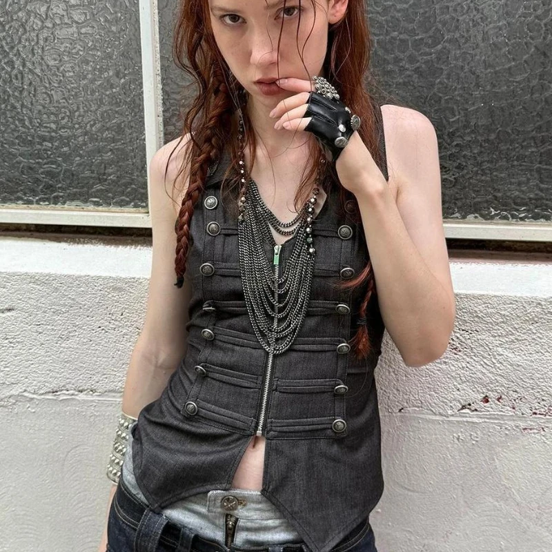 Denim Slim V Neck Vintage Vests Y2k Goth Streetwear Trendy Women Clothing Personalized Minority Elegant Short Soft