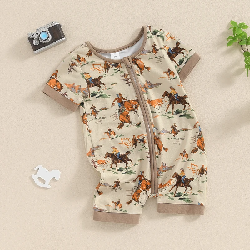 

Baby Boys Summer Romper Infant Short Sleeve Crew Neck Cactus Cattle/Horse Print Zipper Jumpsuit Fashion Baby Clothing