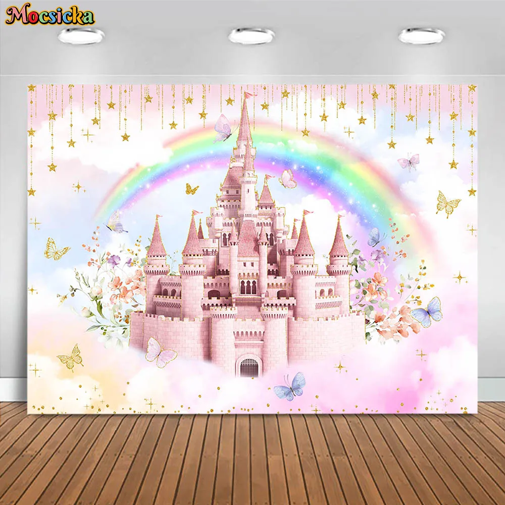 

Mocsicka Photography Background Pink Princess Castle Rainbow Girl Birthday Party Decor Backdrop Photo Shoot Props Custom Banner