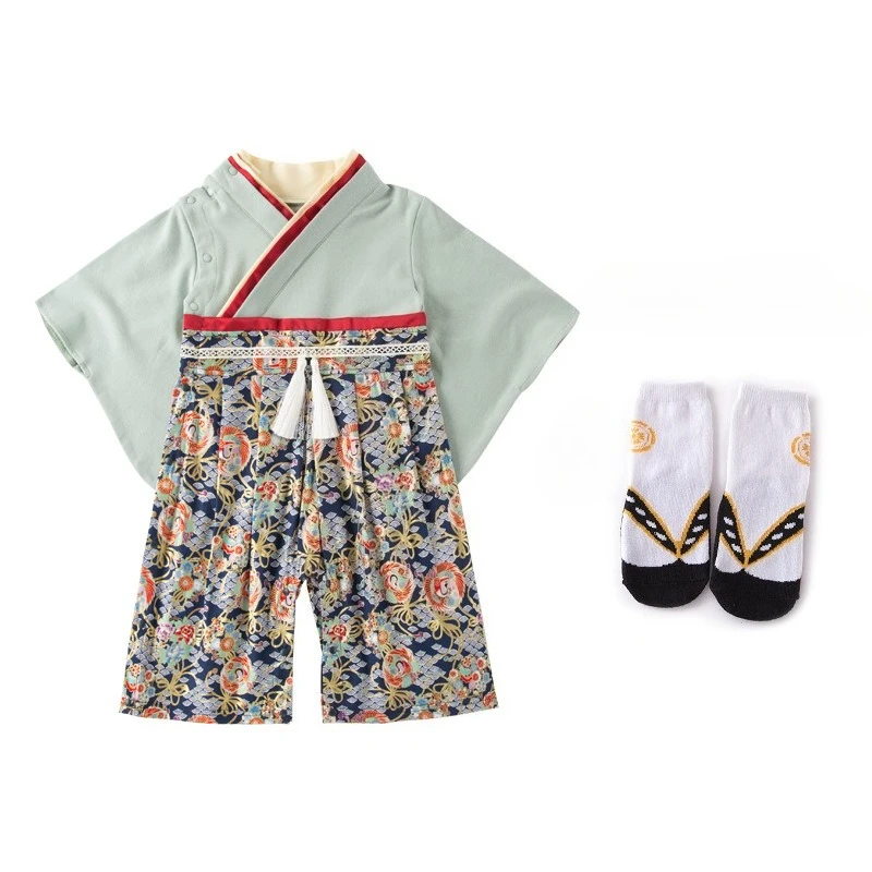 

2Pc Elegant Japanese Printed Baby Kimono Romper, soft long sleeve casual ancient style outfit for boys girls all seasons