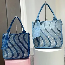 New Vintage Denim Jeans Bag for Women Handbags Zipper Shine Rivets S Rhinestone Purse Woman Totes Female Shoulder Bag