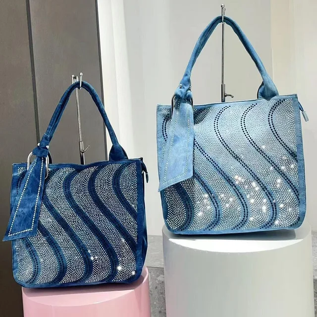 New Vintage Denim Jeans Bag for Women Handbags Zipper Shine Rivets S Rhinestone Purse Woman Totes Female Shoulder Bag