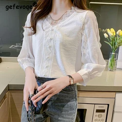 Women Summer Lace Patchwork Elegant Chic White Blouse Korean Fashion V Neck 3/4 Sleeve Casual Shirts Female Chiffon Tops Blusas