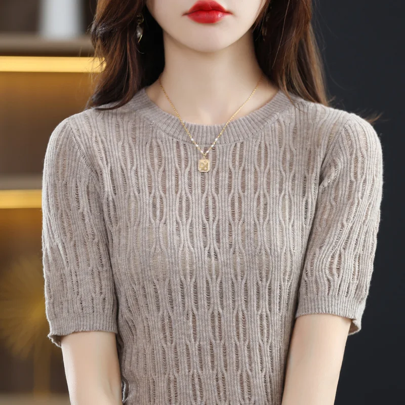 Women's Wool Knitted Sweater Short-Sleeved T-Shirt 2022 Summer New Hollow Half-Sleeve Simple Fashion Solid Color Round Neck Base