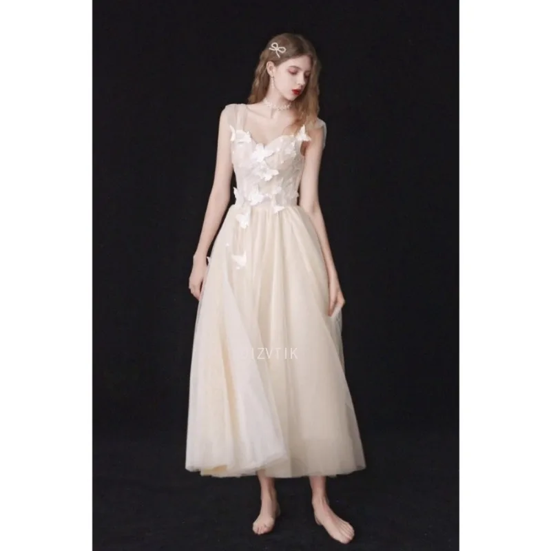 シャンパンライトのウェディングドレスエレガントな女性オーガンザアップリケパーティーイブニングウエディングドレス 2025 新しいカスタマイズされたフォーマルな機会のドレス