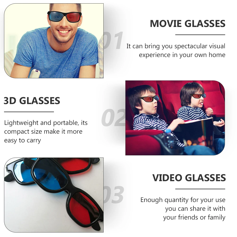 

20pcs Glasses Black Frames Red Blue Lens Movie Video Cinema Sunglasses Viewing Disposable Movie Glasses Spectacles