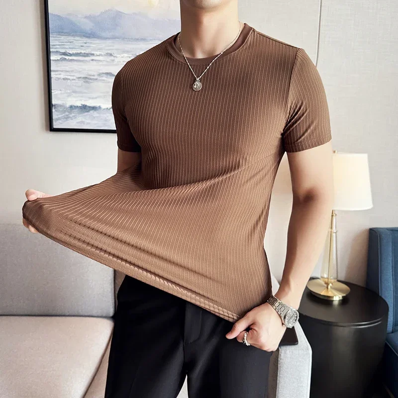 Men Striped T-shirt 2024 Summer Thin Ice Silk Solid Casual Elastic Slim Fit Round Neck Knitted T-shirt Harajuku Men Clothing