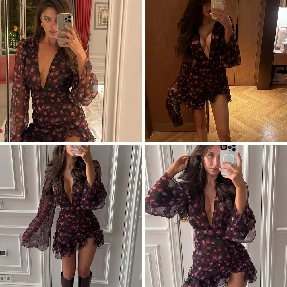 

Sexy Floral Print Ruffle Dress for Women, Deep V-Neck A-Line Short Dress with Full Sleeves, Night Club Party Wear