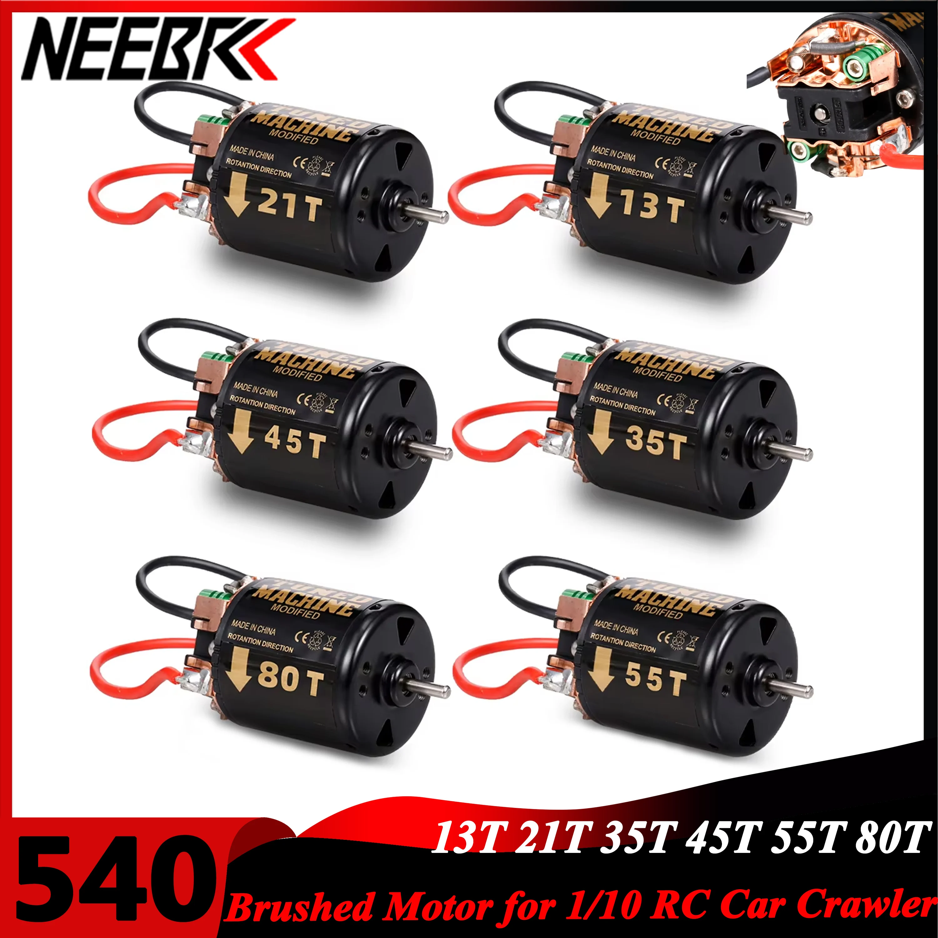 

NEEBRC 540 Waterproof Brushed Motor 13T 21T 35T 45T 55T 80T for 1/10 RC Car Crawler Axial SCX10 90046 Traxxas TRX4 Redcat WPL