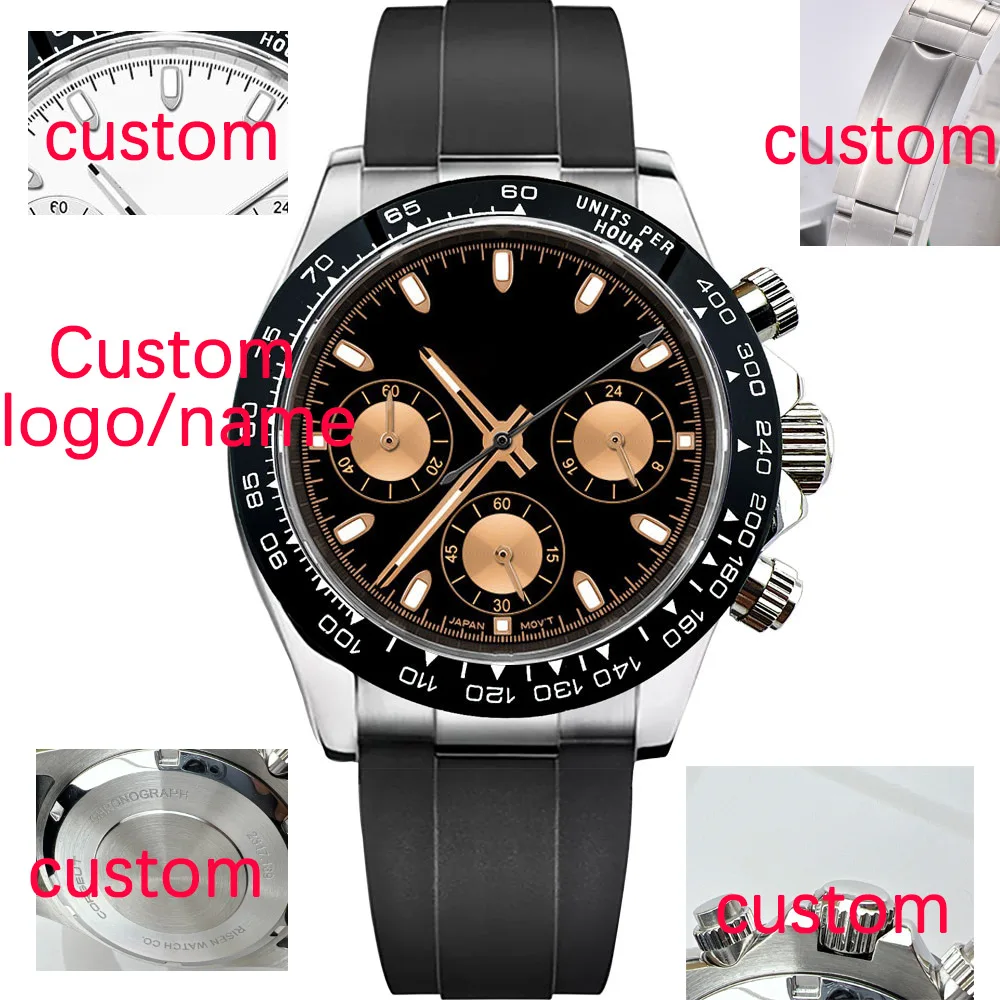 شعار مخصص فاخر للرجال 39 مللي متر ساعة كوارتز كرونوغراف الياقوت المألوف العصرية أنيق الرياضة شريط مطاطي ساعة اليد #1