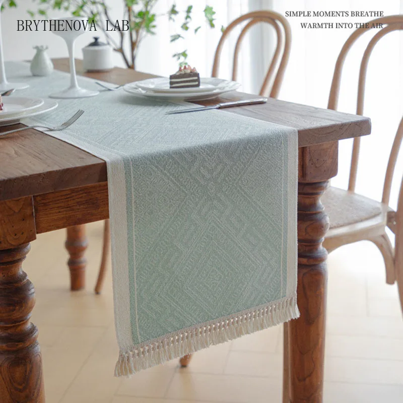 Green Geometric Table Runner with Tassels Nordic Long Tablecloth Banquet Party Dining Dustproof Table Decor for Restaurant