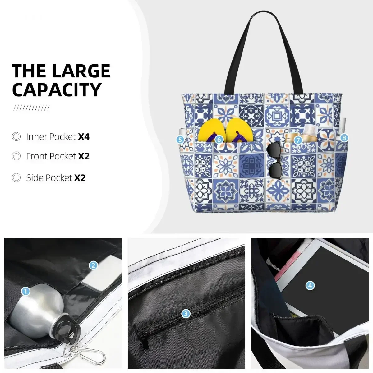 Borsa da viaggio da spiaggia in piastrelle portoghese blu, borsa Tote popolare pratico regalo di compleanno modello Multi-stile