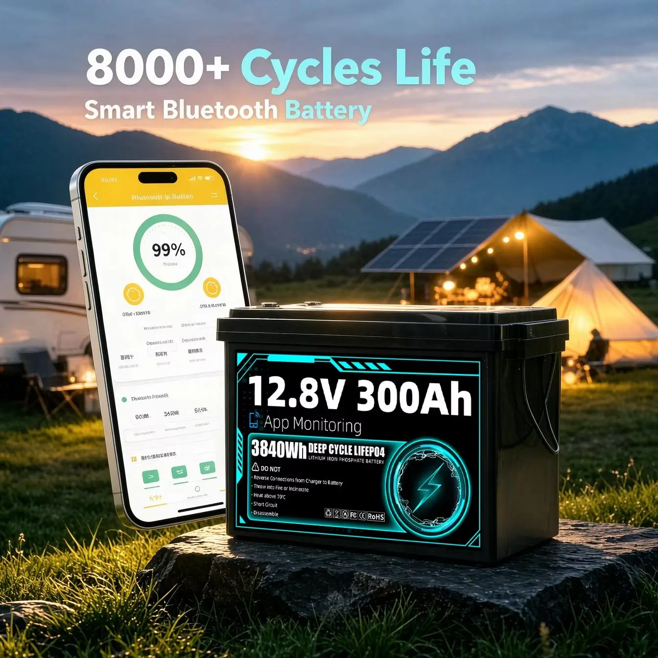 Lifepo4 12V 300Ah Battery 3840Wh APP Mornitoring 8000+ Cycles Grade A Lithium Iron Phosphate Cells Built-in 4S 200A BMS Mini Size Brand New Rechargeable LFP Batteries DIY 4 Series/Parallel For Trolling Motors RV Camping Outdoor Marine Yacht US Stock