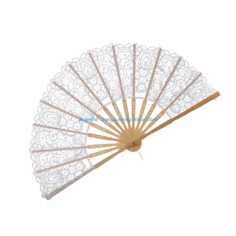 E56A مروحة دانتيل ملحقات حفل الزفاف عروض الرقص الأساسية المجوفة التطريز المحمولة مروحة لاستحمام الزفاف