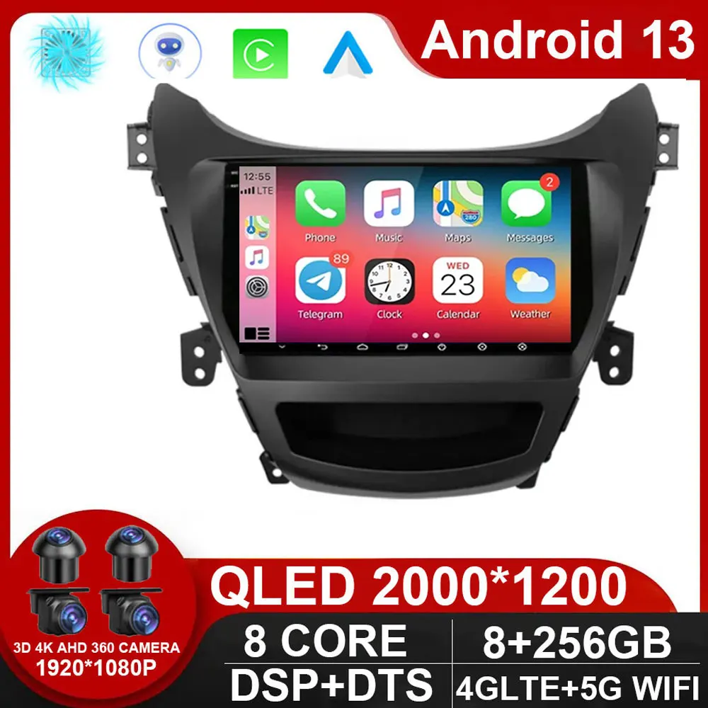 Car Radio  For Hyundai Elantra Avante I35 2011 - 2013 2014 2015 2016 Android 14 Multimedia Player GPS Navigaion 2 din Stereo DVD