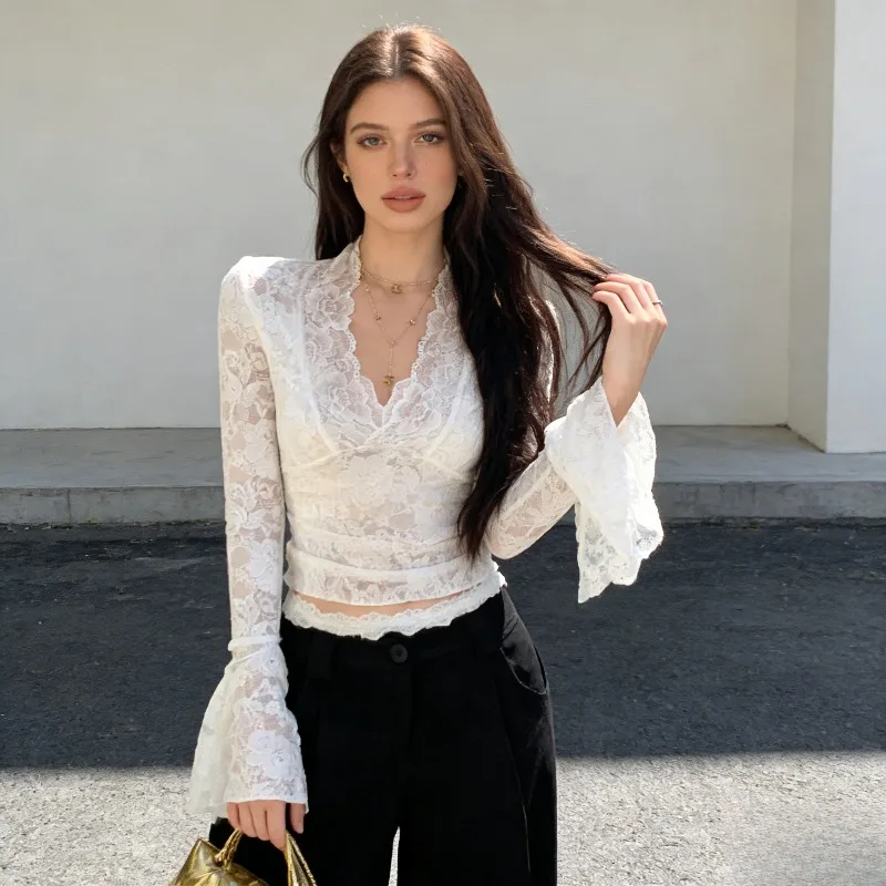 

New Sexy Solid Color Street Style Flare Long Sleeve Women's Lace Blouse Spring and Autumn Fashion Y2K Casual Slimming Short Tops