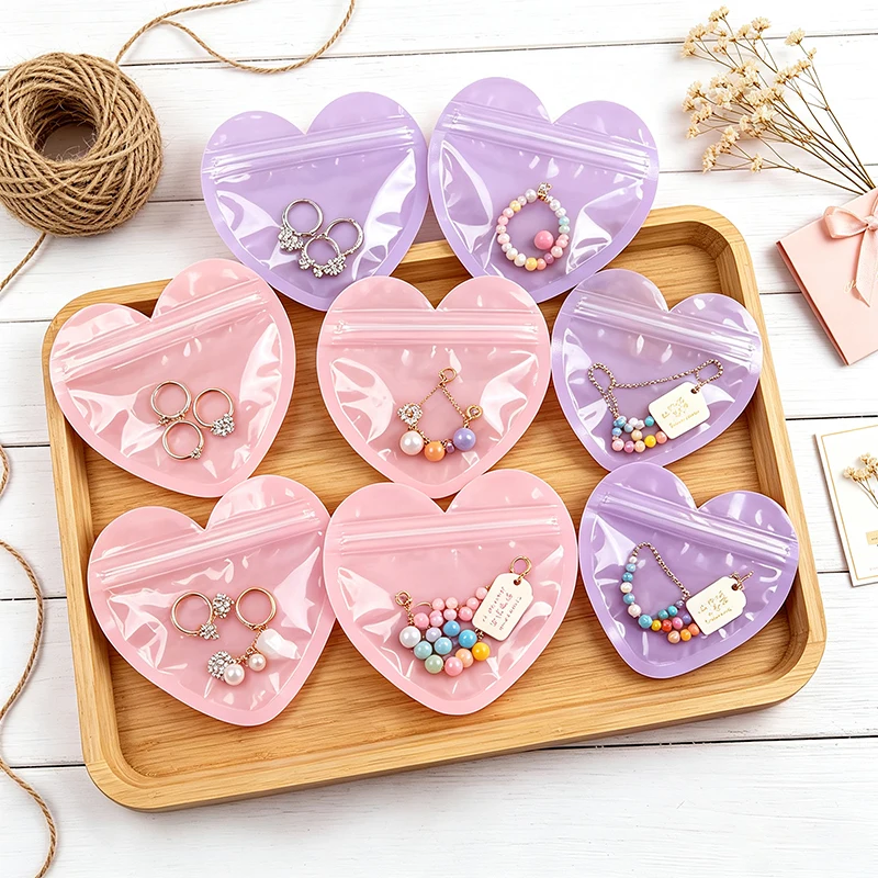 48PCS Heart Design Seal Bags Colorful Pink Purple Plastic Packaging For Jewelry Rings Earrings Bracelets Portable Gifts Wrap ZYF view 2