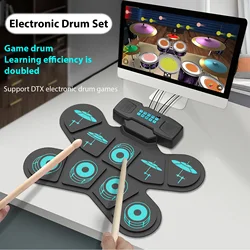 Electronic Drum Set Hand Roll Drum 9 Pads Dual Speaker Rechargeable Practice Pad Drum Kit with Drumsticks Foot Pedal WGS505