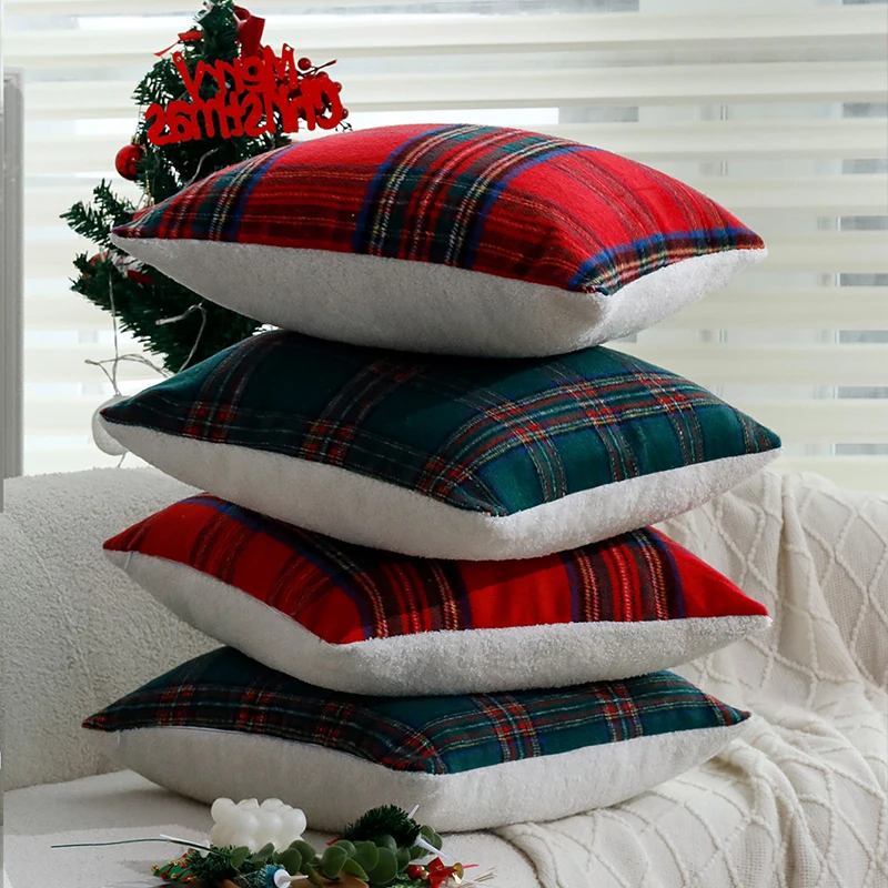 Cushion Cover Retro Red/Green Plaid-Single 30x50cm Christmas Supplies Home Decoration Pillow Cover for Indoor Sofa Pillowcase