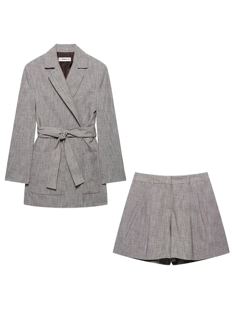 

TRAFZA Women's Set Grey Turn-Down Collar Long Sleeves Belt Decoration Single Deduction Blazers+Mid Waist Pocket Zipper Shorts
